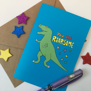 Roarsome dinosaur celebration card by Kerry Stewart